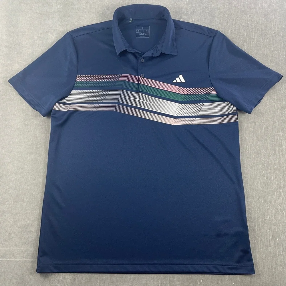 Adidas Mens Large Navy Blue Polo Shirt Geometric Chest Stripe Performance